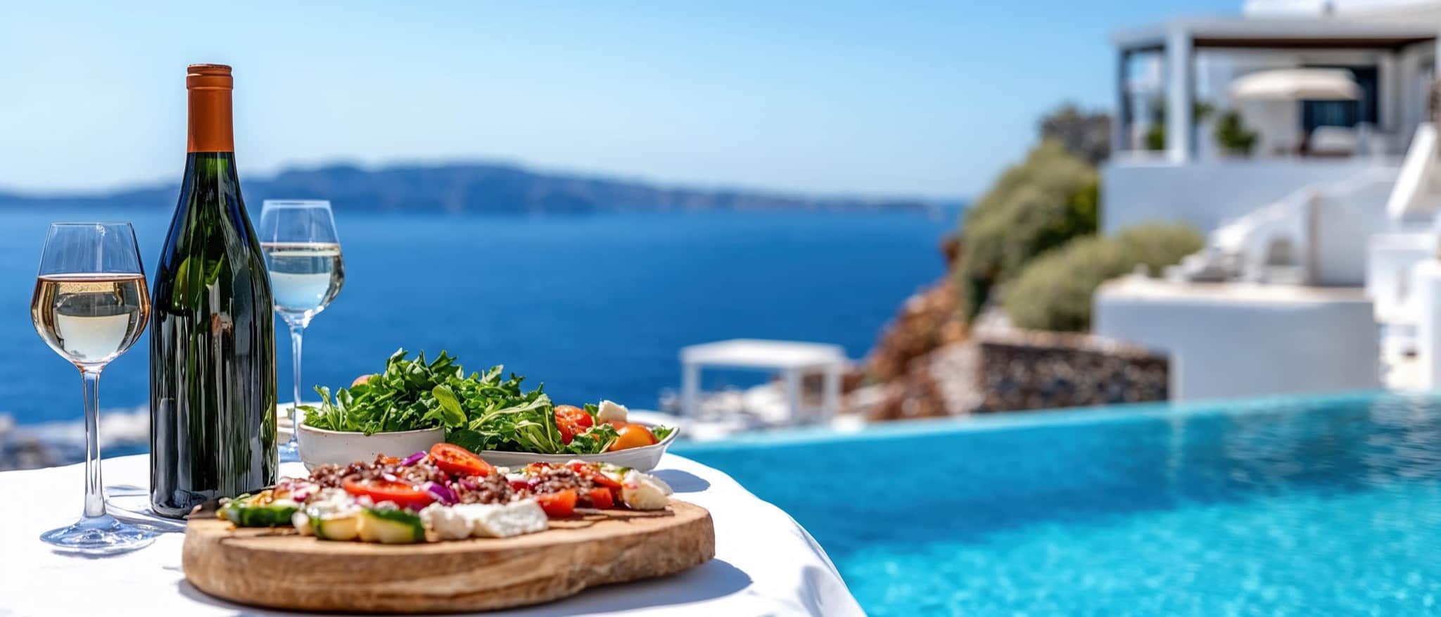A bottle of white wine, two glasses and a Greek salad on a table beside an infinity pool overlooking the blue sea — a direct-booked villa on Rhodes