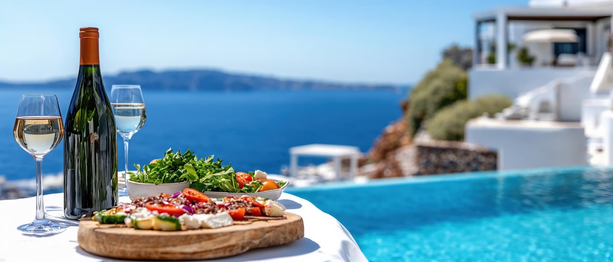 A bottle of white wine, two glasses and a Greek salad on a table beside an infinity pool overlooking the blue sea — a direct-booked villa on Rhodes